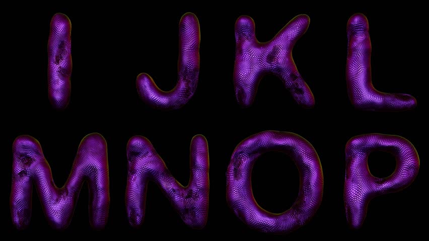 Alphabet from snake skin isolated on black background. The letter I J K L M N O P purple color. alpha channel 3d rendering 4K | Shutterstock HD Video #1019866621