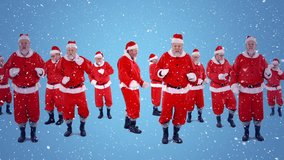 Digital composite of Video composition with falling snow over group  santas dancing