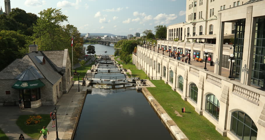 Rideau Locks to the river for boat transportation and passage in Ottawa, Ontario Canada