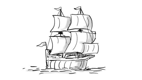2d Animation motion graphics showing a drawing of a vintage Spanish galleon ship sailing setting sail on white and black screen in HD high definition.
