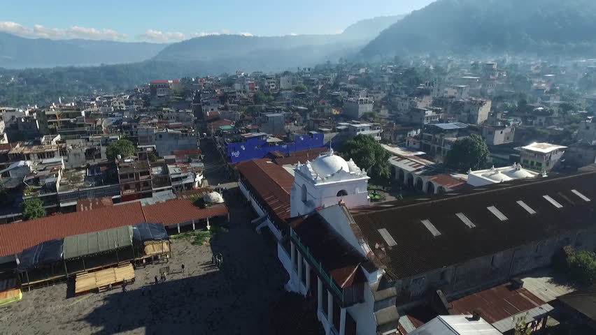 Aerial Drone View Flight over Saint James the Apostle Church, in Santiago Atitlán, Sololá Department of southwestern Guatemala