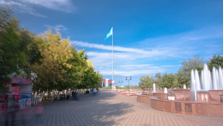 Fountain in Park named after the First President of the Republic of Kazakhstan in the city of Aktobe, timelapse hyperlapse. Western Kazakhstan.