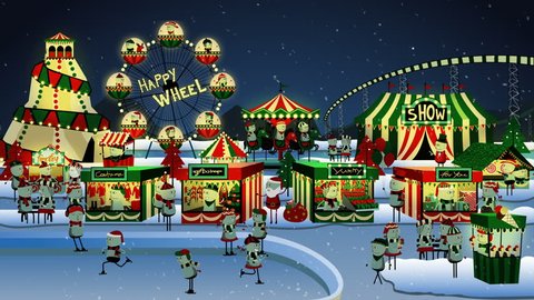 Cute winter carnival on night, Cartoon animation looping.