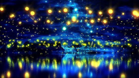 Romantic painted style scene with warm lights, starry lights and water 
