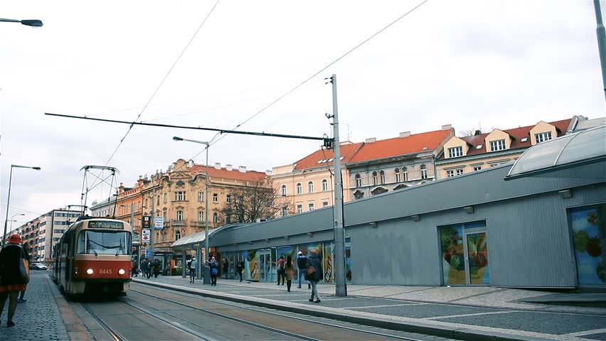 Prague, Czech Republic - November 20, 2018: Tram Number 12 Palmovka Arriving at Stop in Prague, Czech Republic