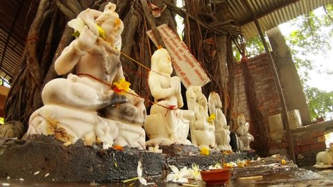 Marble statues of hindu gods under big banyan tree in ancient temple Rishikesh