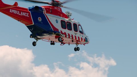 Ambulance helicopter flying away from Portland hospital, Portland, Victoria - Australia - Nov 15, 2018.