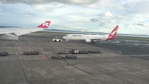 AUCKLAND - NOV 20 2018:Qantas airplane in Auckland Airport.Qantas Airways is the flag carrier of Australia and its largest airline by fleet size, international flights and international destinations.
