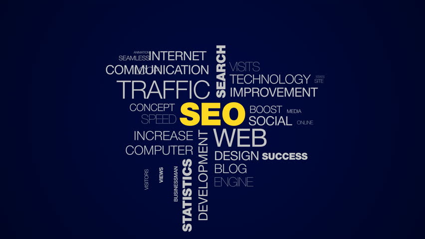 Seo web traffic search optimization ranking analysis website network statistics marketing animated word cloud background in uhd 4k 3840 2160.