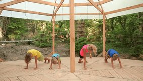 Young woman and three kids boys doing yoga practice side plank outdoors. - Powered by Shutterstock - Get 15% off with code: PIKWIZARD15