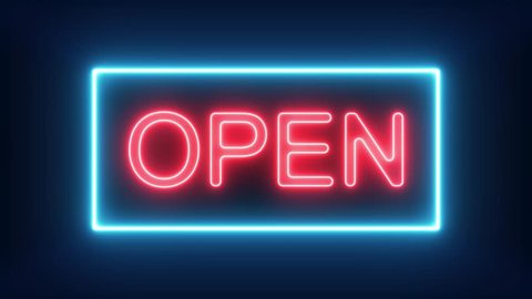 We're Open Neon Sign Background Seamless Looping/
4k animation of a neon open sign blinking for night storefront, restaurant, motel and night business