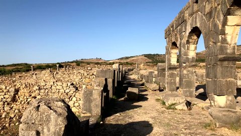 Roman ancient ruins at the archaelogical UNESCO Heritage site of Volubilis in Morocco, Africa