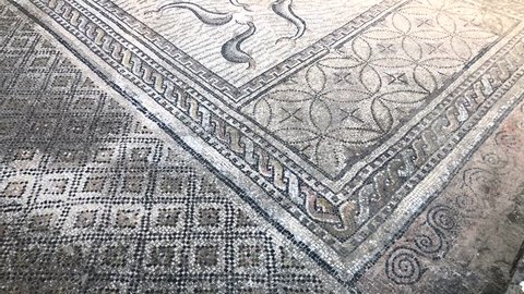 Mosaic of the Roman ancient ruins of the Volubilis city in UNESCO, Morocco in Africa