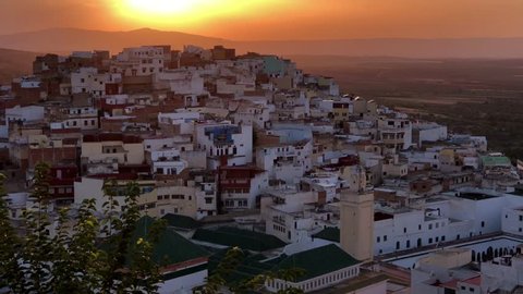 Beautiful sunset at the ancient village of Moulay Idriss near to Volubilis in Meknes in Morocco, Africa