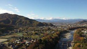 Aerial view of Nagatoro town during autumn in the morning, Saitama Prefecture, Japan.