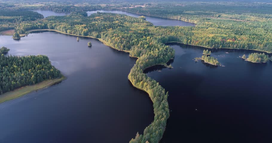 Landscape of Liesijärvi National Park seen from the air with lake and forest, Finland