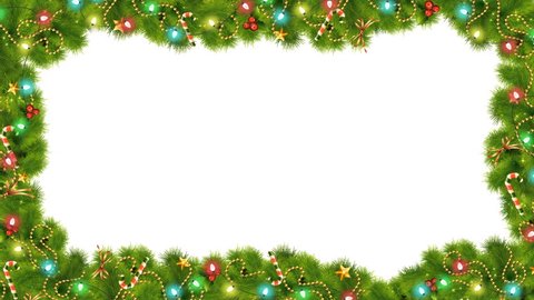 Christmas festive frame with fir branches, decorations, candy, stars, lights and holly with Luma Matte for space for design greeting card and commercials