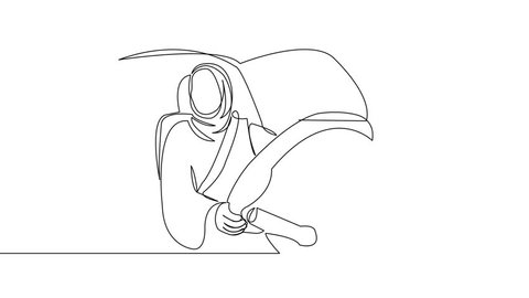 Self, drawing, animation one line continuous painted muslim woman driving a car drawn by hand silhouette picture. Line art. character female Muslim woman in the zijab at the wheel
