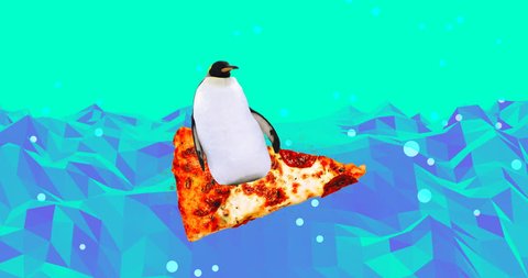 Animation minimal design. Penguinsurfs on pizza. Fun Fast food art. Pizza lover