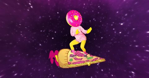 Animation minimal design. Donut man surfs on pizza. Fun Fast food art