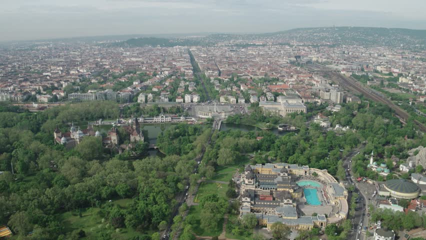 Aerial view of the Vajdahunyad Castle located in the City Park of Budapest - drone video