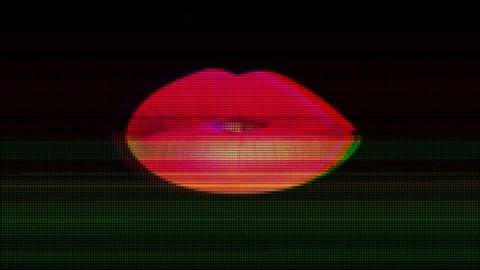 Time lapse of woman's full red lips talking and moving against black background with overlayed distortion
