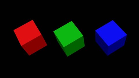 RGB cubes, 3d cubes rotating on top, green cube rotating isolated and zooming in green screen