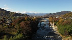 Aerial view of Arakawa river in autumn, Nagatoro, Saitama Prefecture, Japan.