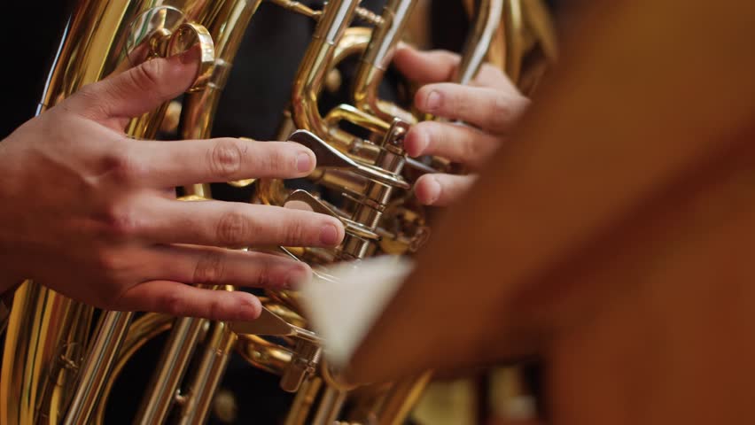 Orchestra Musician Playing Brass Close Up 