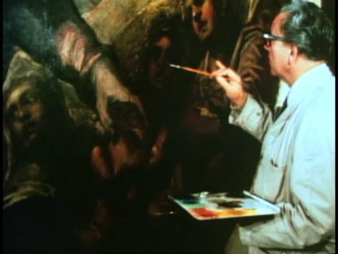 VENICE, ITALY, 1974, Artist restoring Tintoretto masterpiece, brush, paint