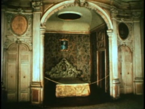 VENICE, ITALY, 1974, Palazzo, Ca' Rezonica, interior, bedroom and bed