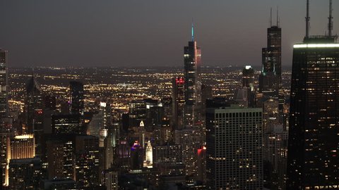 Chicago, Illinois - Circa-2015: Aerial view of building density in the Chicago Loop at night from the John Hancock Center
