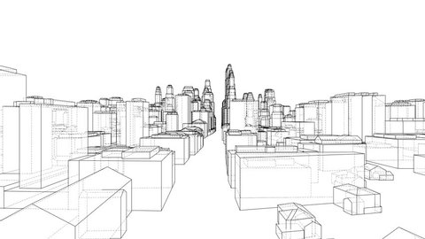City Walk blueprint style. The layers of visible and invisible lines are separated. 3d illustration turntable video