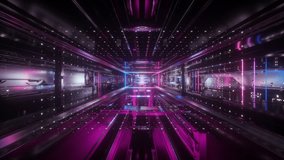 3d render, abstract urban virtual reality tunnel. Futuristic motion graphic. Ultraviolet neon light glow. Camera spinning around. Drone fast flying forward. Loop at 2K resolution.