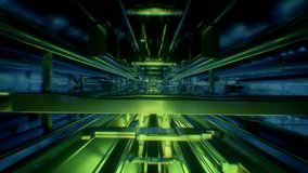 3d render, abstract urban virtual reality tunnel. Futuristic motion graphic. Green and blue neon light glow. Camera shake. Drone fast flying away. Loop at 2K resolution.