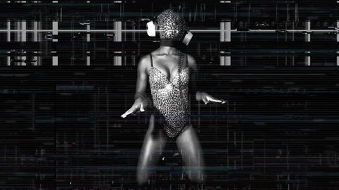 amazing woman dancing in diamond covered face mask and costume with intentional overlayed video distortion and glitch effects