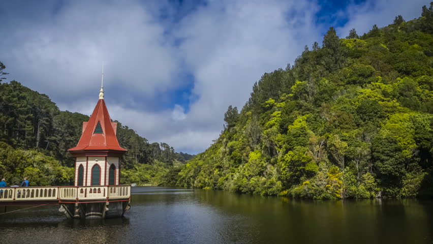 Scenic view of Zealandia wildlife sanctuary in Wellington, New Zealand. Timelapse video of the picturesque lake. Popular tourist destination.