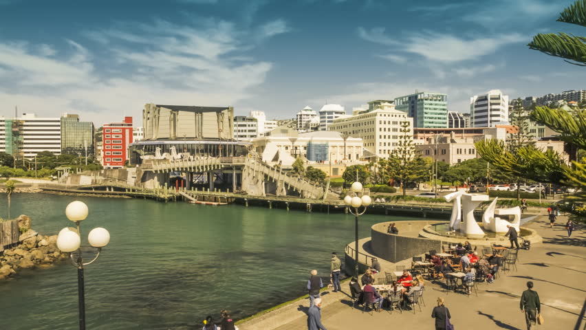Timelapse of Wellington, New Zealand capital city. Waterfront and city centre on nice sunny day. Some of the iconic landmarks of the city in the view.