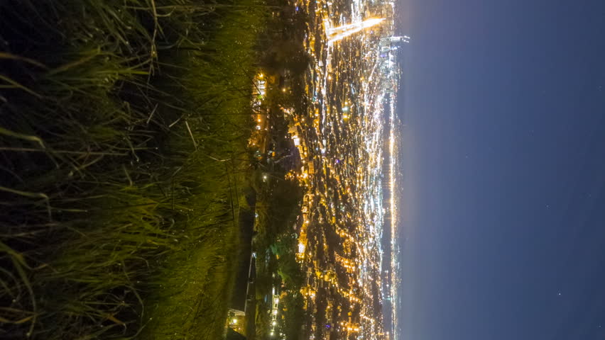 Timelapse tracking shot with dolly pull & pan left motion of San Francisco city lights overview shot from Twin Peaks -Vertical Shot-