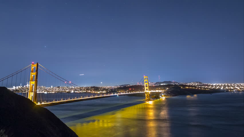 Timelapse with pan left motion of stars over Golden Gate Bridge in San Francisco at night | Shutterstock HD Video #1020023758