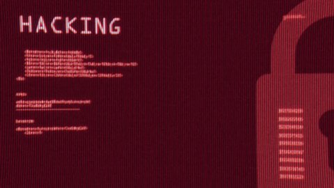 Hacking anonymous programming code running on a computer screen terminal in red color 
