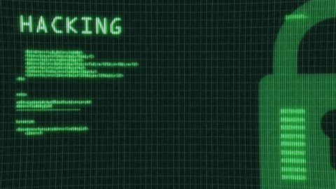Hacking anonymous programming code running on a computer screen terminal in green color 
