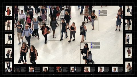 Surveillance interface using artificial intelligence and facial recognition systems to categorize individual data. Sex, race and type of clothing. Deep learning. Futuristic technology. Computer vision