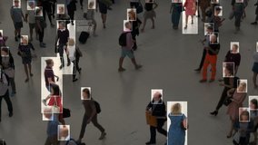 High view of commuters walking. Facial recognition interface showing personal data for each person. Surveillance concept. Artificial intelligence. Deep learning. - Powered by Shutterstock - Get 15% off with code: PIKWIZARD15