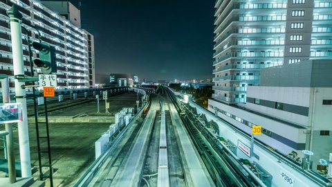 Point of view timelapse of Yurikamome, automated light rail system in Tokyo, Japan at night