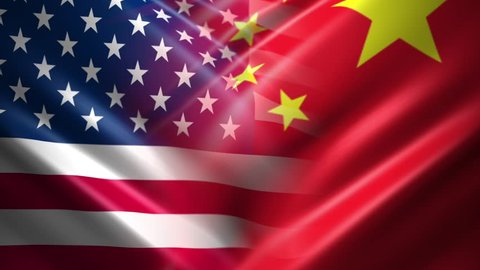 Flags of America and China. Animated curtain reveal over black Transition element