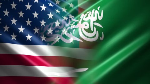 Flags of America and Saudi Arabia. Animated curtain reveal over black Transition element