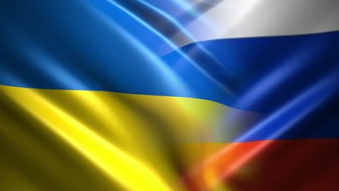 Flags of Ukraine and Russia. Animated curtain reveal over black Transition element