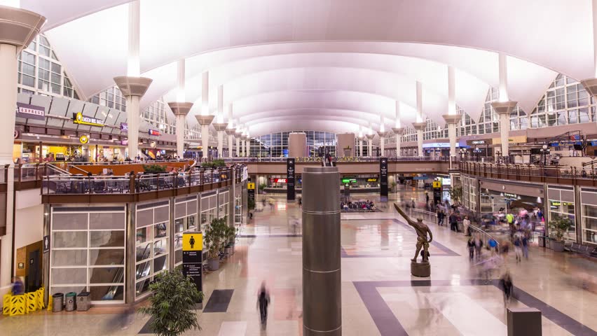 Denver, Colorado - November 2, 2018: Timelapse of the departure terminal inside Denver International Airport 