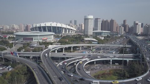 Shanghai, China - Circa 2017: Aerial view of Shanghai Stadium in the daytime